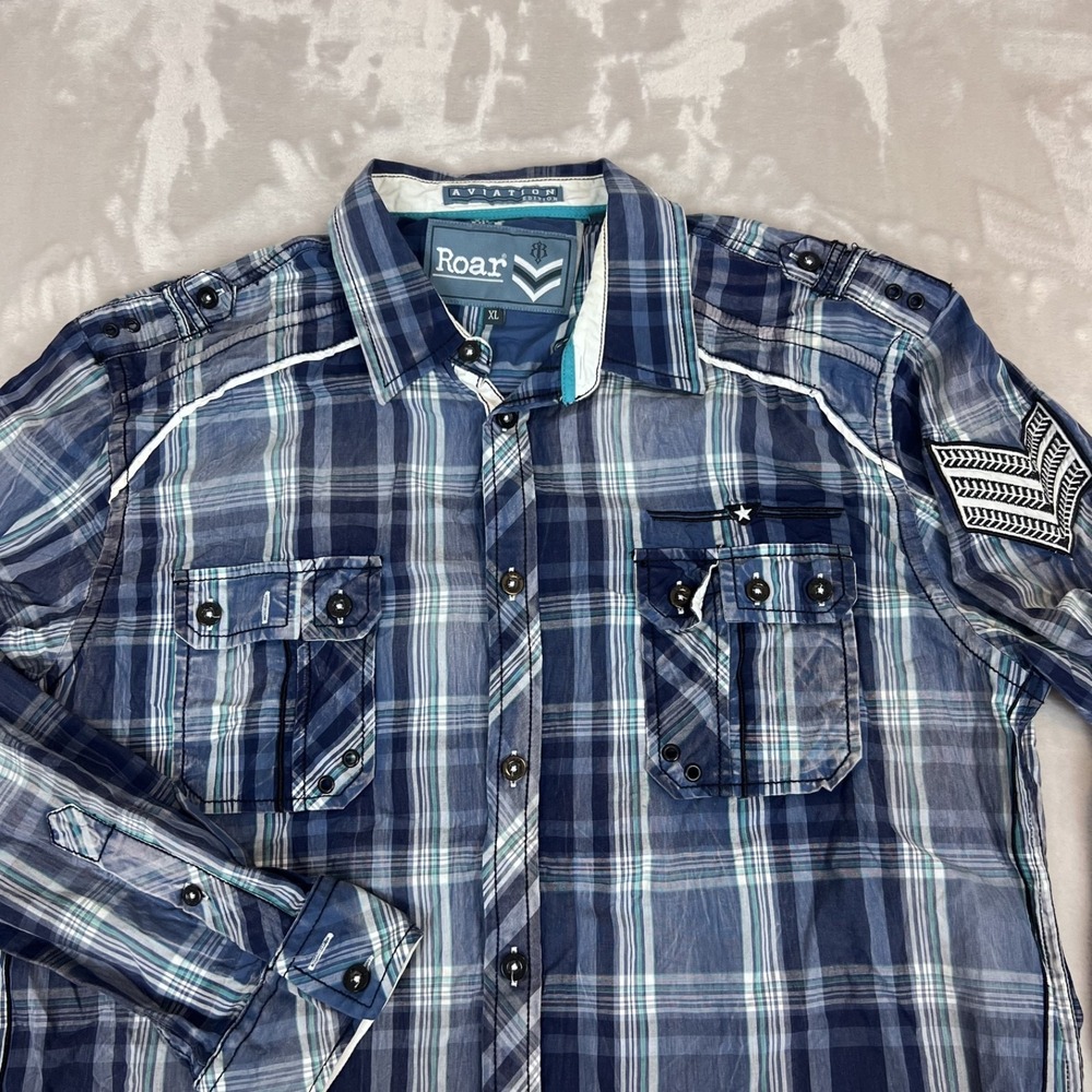 Roar Shirt Mens XL Blue Plaid Iceman II Aviation Military Style Grunge Western